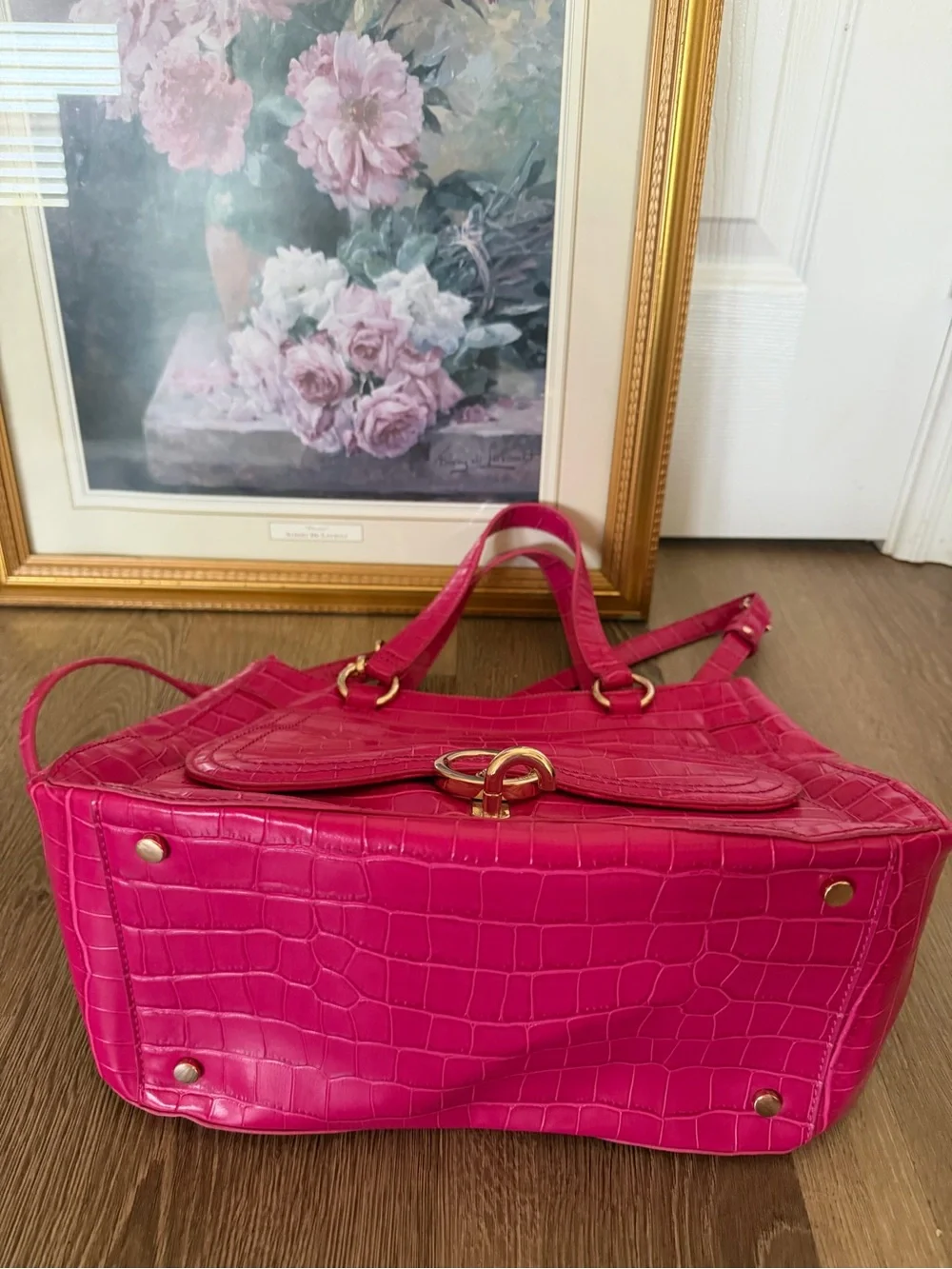 Liu Jo Hot Pink Croc-Embossed Top Handle Crossbody Bag